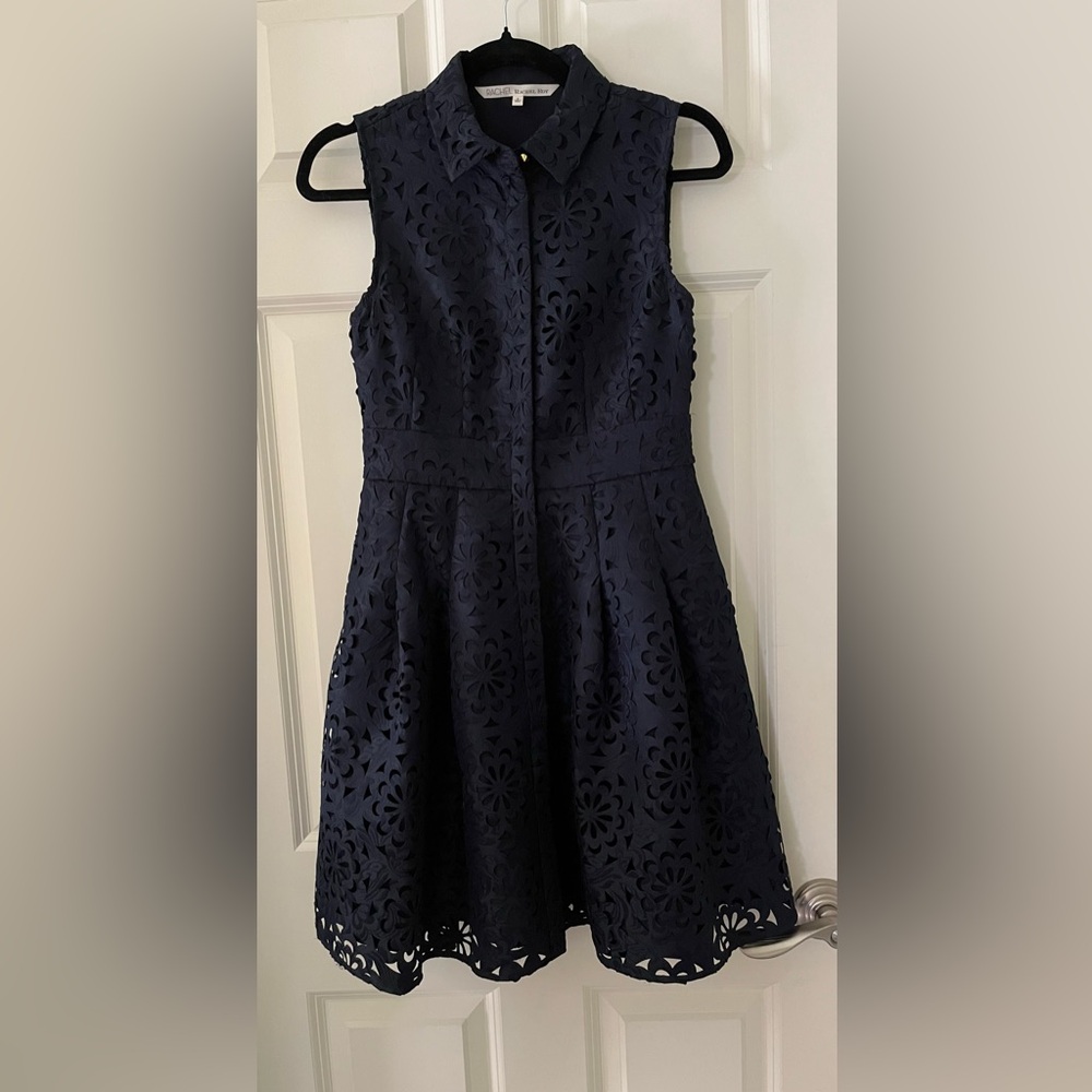 Rachel Roy Navy Blue floral Laser cut Sleeveless collar dress cocktails party 2